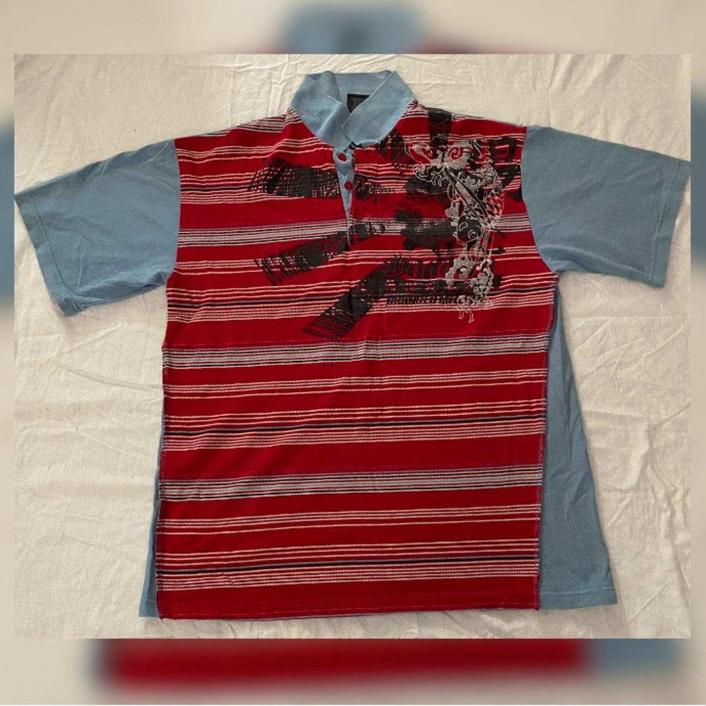 Men's Light Blue Collared Shirt - Black/Red/Gray Prints